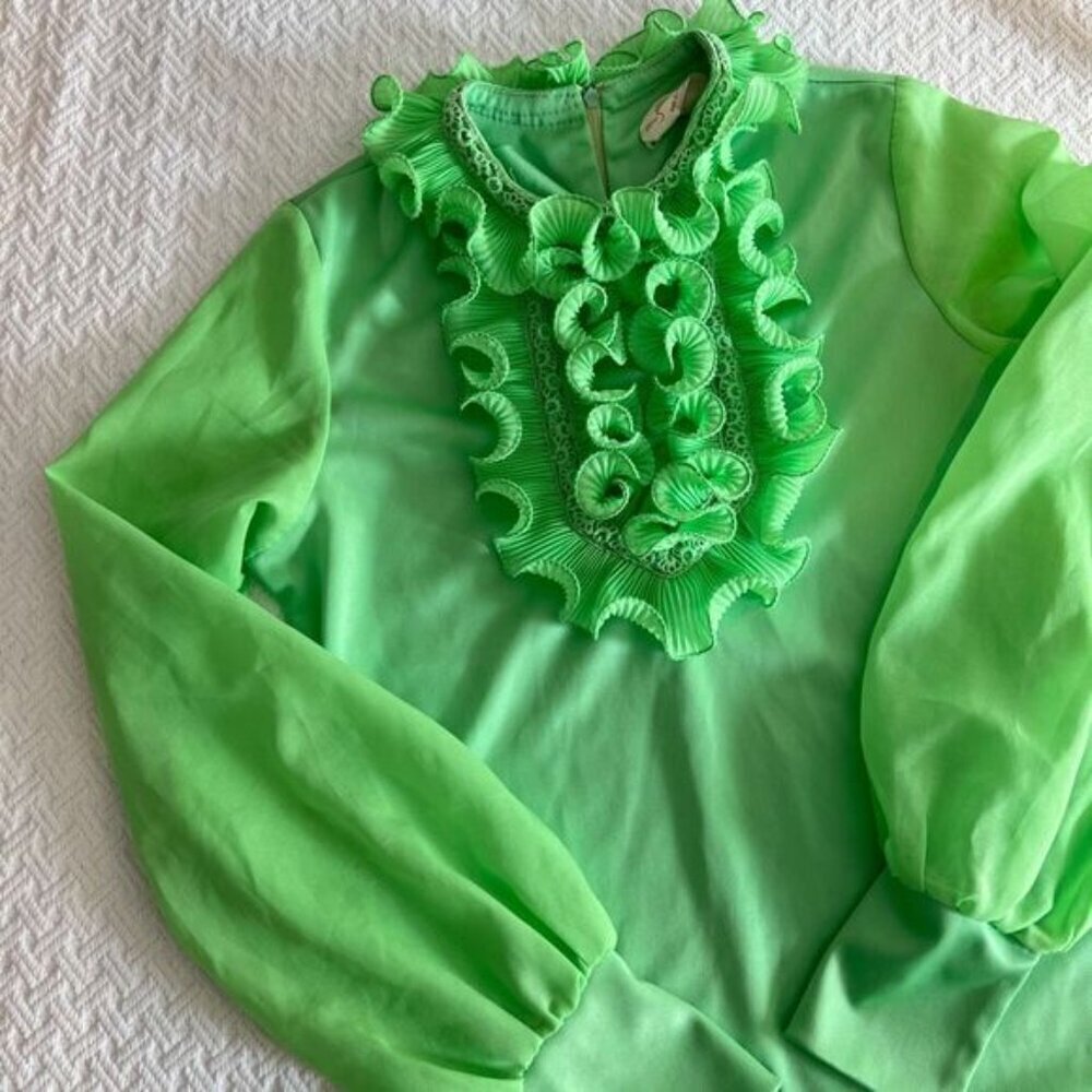 Vintage Young Con tempo’s Women's XS S Green Regal Ruffled Blouse Shirt Frill - Picture 8 of 16